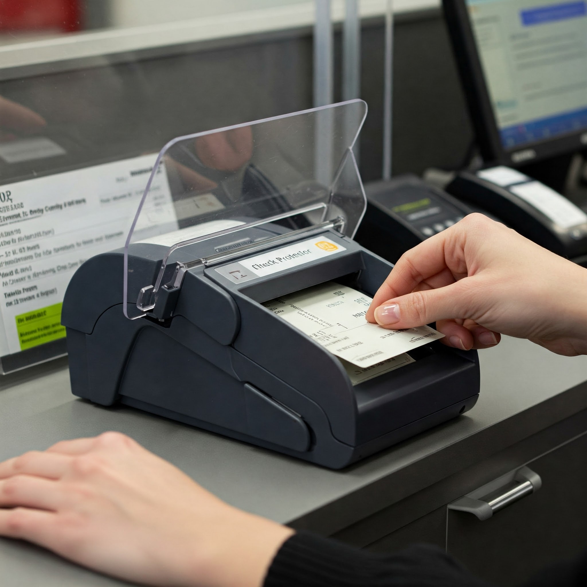 Protector de cheques siendo usado en banco